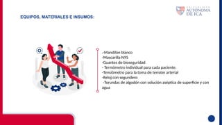 EQUIPOS, MATERIALES E INSUMOS:
.-Mandilón blanco
-Mascarilla N95
-Guantes de bioseguridad
- Termómetro individual para cada paciente.
-Tensiómetro para la toma de tensión arterial
-Reloj con segundero
-Torundas de algodón con solución aséptica de superficie y con
agua
 