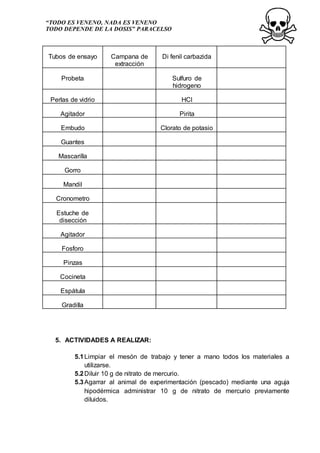 “TODO ES VENENO, NADA ES VENENO
TODO DEPENDE DE LA DOSIS” PARACELSO
Tubos de ensayo Campana de
extracción
Di fenil carbazida
Probeta Sulfuro de
hidrogeno
Perlas de vidrio HCl
Agitador Pirita
Embudo Clorato de potasio
Guantes
Mascarilla
Gorro
Mandil
Cronometro
Estuche de
disección
Agitador
Fosforo
Pinzas
Cocineta
Espátula
Gradilla
5. ACTIVIDADES A REALIZAR:
5.1Limpiar el mesón de trabajo y tener a mano todos los materiales a
utilizarse.
5.2Diluir 10 g de nitrato de mercurio.
5.3Agarrar al animal de experimentación (pescado) mediante una aguja
hipodérmica administrar 10 g de nitrato de mercurio previamente
diluidos.
 
