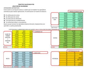 PRACTICA CALIFICADA N°05
               JESUS FREYRE SOLORZANO
OPERADORES ARITMETICOS
Como excel es una hoja de calculo, es obvio que se empleen los operadores
aritmeticos para realizar operaciones. A continuacion se muestra los basicos :                                             =PRODUCTO(B26*C26)
                                                                                                                 5642           236    1331512
►+ Se utiliza para las sumas                                                                                     2654           654    1735716
►- Se utiliza para las restas                                                                                    6589           265    1746085
                                                                                           MULTIPLI
► / Se utliza para las divisiones                                                                                6547           987    6461889
                                                                                            QUE
► * Se tuliza para las multiplicaciones                                                                          3654           654    2389716
►ᶺ Se utiliza para elevar a una potencia                                                                         1236           236     291696
Bueno ya que conoces los operadores basicos de excel, empezaremos con                                            6548           154    1008392
aprender a usarlos practicando                                                                                   1654           458     757532
                                                                                         SUME TOTALES           34524          3644   15722538
          EJERCICIOS (AULA Y LABORATORIO) COPIE LOS CUADROS Y HALLE EL RESULTADO APLICANDO OPERADORES BASICOS           +H3/I3)
                         250       964          1214     =SUMA(B3:C3)                                            6847             1254    5.46
                         897      6984          7881                                                             2546              365    6.98
  SUME EN               6549       365          6914                                                             1593              145   10.99
   FORMA                3654      1236          4890                                                             3654              954    3.83
  VERTICAL                                                                                   DIVIDA
                        2365       214          2579                                                             2685              654    4.11
      Y
                        1547       254          1801                                                             2145              123   17.44
  HORIZON
     TAL                9654       269          9923                                                              654              652    1.00
                        3258      4568          7826                                                            12697             2541    5.00
                        2361      9874         12235                                                            14789             3216    4.60
TOTAL                  30535     24728         55263                                     SUMA                   47610             9904   59.39

                                                                                                                        =POTENCIA(H15,I15)
                        9888      1236          8652 =(+B15-C15)                                                    3            5         243
                        8765      2356          6409                                                                4            7       16384
                        7654      3654          4000                                                                3            3          27
                        6587      1564          5023                                                                5            8      390625
    RESTE                                                                                  POTENCIA
                        9654      5462          4192                                                                6            9    10077696
                        9587      1546          8041                                                                2            9         512
                        6847       356          6491                                                                6            7      279936
                        6984       168          6816                                                                5            9     1953125
SUME Y RESTE TOTALES   65966     16342         49624
 