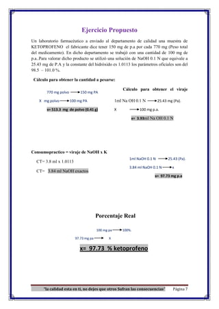 “la calidad esta en ti, no dejes que otros Sufran las consecuencias” Página 7
Ejercicio Propuesto
Un laboratorio farmacéutico a enviado al departamento de calidad una muestra de
KETOPROFENO el fabricante dice tener 150 mg de p.a por cada 770 mg (Peso total
del medicamento). En dicho departamento se trabajó con una cantidad de 100 mg de
p.a..Para valorar dicho producto se utilizó una solución de NaOH 0.1 N que equivale a
25.43 mg de P.A y la constante del hidróxido es 1.0113 los parámetros oficiales son del
98.5 – 101.0 %.
Cálculo para obtener la cantidad a pesarse:
Cálculo para obtener el viraje
teórico:
Cálculo del
Consumopractico = viraje de NaOH x K
CT= 3.8 ml x 1.0113
CT= 3.84 ml NaOH exactos
Porcentaje Real
770 mg polvo 150 mg PA
X mg polvo 100 mg PA
x= 513.3 mg de polvo (0.41 g)
1ml Na OH 0.1 N 25.43 mg (Pa).
X 100 mg p.a.
x= 3.93ml Na OH 0.1 N
1ml NaOH 0.1 N 25.43 (Pa).
3.84 ml NaOH 0.1 N x
x= 97.73 mg p.a
100 mg pa 100%.
97.73 mg pa X
x= 97.73 % ketoprofeno
 
