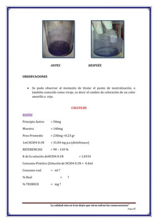 La calidad esta en ti no dejes que otros sufran las consecuencias”
Página4
ANTES DESPUÉS
OBSERVACIONES
Se pudo observar al momento de titular el punto de neutralización, o
también conocido como viraje, es decir el cambio de coloración de un color
amarillo a rojo.
CALCULOS
DATOS
Principio Activo = 50mg
Muestra = 140mg
Peso Promedio = 230mg =0.23 gr
1ml HClO4 0.1N = 31.84 mg p.a (diclofenaco)
REFERENCIAS = 90 – 110 %
K de la solución deHClO4 0.1N = 1.0154
Consumo Práctico (Solución de HClO4 0.1N = 4.4ml
Consumo real = ml ?
% Real = ?
% TEORICO = mg ?
 