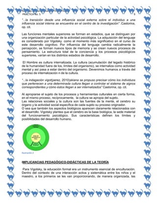 No. Págs.: 8. Sandra Sarahi Pinedo Flores.
PRACTICA No. 5

9

“...la transición desde una influencia social externa sobre el individuo a una
influencia social interna se encuentra en el centro de la investigación” .Castorina,
op. cit.
Las funciones mentales superiores se forman en estadios, que se distinguen por
una organización particular de la actividad psicológica. La adquisición del lenguaje
es considerado por Vigotsky como el momento más significativo en el curso de
este desarrollo cognitivo. Por influencia del lenguaje cambia radicalmente la
percepción, se forman nuevos tipos de memoria y se crean nuevos procesos de
pensamiento. La estructura total de la conciencia y los procesos psicológicos
superiores, varían en los distintos estadios de desarrollo.
El Hombre es cultura internalizada. La cultura (acumulación del legado histórico
de la humanidad fuera de los, límites del organismo), se internaliza como actividad
mental y así pasa a estar dentro del organismo. Devenimos humanos a través del
proceso de internalización n de la cultura.
“...la indagación vigot(perez, 2010)skiana se propuso precisar cómo los individuos
que pertenecen a una determinada cultura llegan a controlar el sistema de signos
correspondientes y cómo éstos llegan a ser internalizados” Castorina, op. cit.
Al apropiarse el sujeto de los procesos y herramientas culturales en cierta forma,
en el mismo proceso, recíprocamente, la cultura se apropia del sujeto.
Las relaciones sociales y la cultura son las fuentes de la mente, el cerebro su
órgano y la actividad social específica de cada sujeto su proceso originador.
O sea que también los aspectos biológicos aparecen claramente relacionados con
el desarrollo. Vigotsky plantea que el cerebro es la base biológica, la sede material
del funcionamiento psicológico. Sus características definen los límites y
posibilidades del desarrollo humano.

Ilustración 2

IMPLICANCIAS PEDAGÓGICO-DIDÁCTICAS DE LA TEORÍA
Para Vigotsky, la educación formal era un instrumento esencial de enculturación.
Dentro del contexto de una interacción activa y sistemática entre los niños y el
maestro, a los primeros se les van proporcionando, de manera organizada, las

 