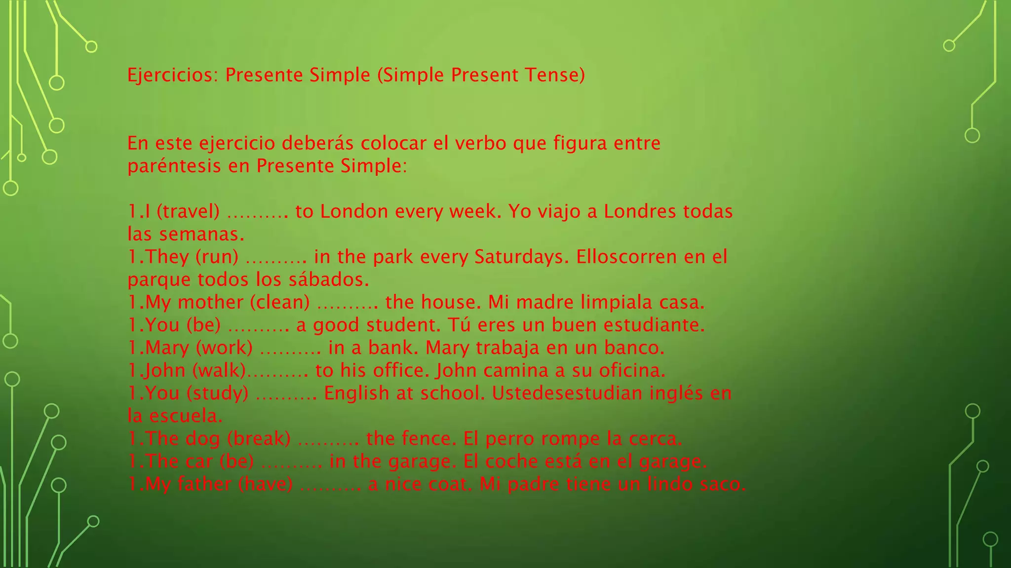 Ejercicios: Presente Simple (Simple Present Tense)
En este ejercicio deberás colocar el verbo que figura entre
paréntesis en Presente Simple:
1.I (travel) ………. to London every week. Yo viajo a Londres todas
las semanas.
1.They (run) ………. in the park every Saturdays. Elloscorren en el
parque todos los sábados.
1.My mother (clean) ………. the house. Mi madre limpiala casa.
1.You (be) ………. a good student. Tú eres un buen estudiante.
1.Mary (work) ………. in a bank. Mary trabaja en un banco.
1.John (walk)………. to his office. John camina a su oficina.
1.You (study) ………. English at school. Ustedesestudian inglés en
la escuela.
1.The dog (break) ………. the fence. El perro rompe la cerca.
1.The car (be) ………. in the garage. El coche está en el garage.
1.My father (have) ………. a nice coat. Mi padre tiene un lindo saco.
 