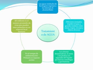 Las aguas residuales de
                             los hogares ingresan a
                                 los sistemas de
                                  alcantarillado




  10 millones es el                                            Diferentes enrejados
numero promedio de                                               impiden el paso a
  virus que pueden                                            grandes residuos como
estar presentes en un                                        ramas, trapos, envases y
    material fecal                                                objetos diversos
       humano                     Tratamient
                                  o de AGUA




                                                       Las cámaras
              En el tanque de                    desarenadoras, la arena
              sedimentación                         y las piedras son
            Primaria se separan                   separadas del liquido
                  aceites                        por fuerzas centrífugas
                                                      y gravitatorias
 