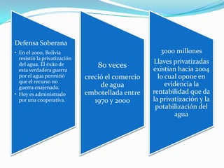 Defensa Soberana
• En el 2000, Bolivia                                3000 millones
  resistió la privatización
                                                   Llaves privatizadas
  del agua. El éxito de           80 veces         existían hacia 2004
  esta verdadera guerra
  por el agua permitió        creció el comercio     lo cual opone en
  que el recurso no
  guerra enajenado.                de agua              evidencia la
• Hoy es administrado         embotellada entre    rentabilidad que da
  por una cooperativa.           1970 y 2000       la privatización y la
                                                    potabilización del
                                                           agua
 
