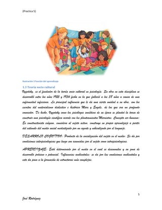 (Practica 5)

Ilustración 3 función del aprendizaje

1.3 Teoría socio cultural

Vygotsky, es el fundador de la teoría socio cultural en psicología. Su obra en esta disciplina se
desarrolló entre los años 1925 y 1934 fecha en la que falleció a los 38 años a causa de una
enfermedad infecciosa. La principal influencia que le da una cierta unidad a su obra, son los
escritos del materialismo dialectico e histórico Marx y Engels, de los que era un profundo
conocedor. De hecho, Vygotsky como los psicólogos soviéticos de su época se planteó la tarea de
construir una psicología científica acorde con los planteamientos Marxistas. Concepto ser humano:
Es constructivista exógeno, considera al sujeto activo, construye su propio aprendizaje a partir
del estímulo del medio social mediatizado por un agente y vehiculizado por el lenguaje.
DESARROLO COGNITIVO: Producto de la socialización del sujeto en el medio: Se da por
condiciones interpsicologicas que luego son asumidas por el sujeto como intrapsicologicas.
APRENDIZAJE: Está determinado por el medio en el cual se desenvuelve y su zona de
desarrollo próximo o potencial. Influencias ambientales: se da por las condiciones ambientales y
esto da paso a la formación de estructuras más complejas.

5

José Rodríguez

 