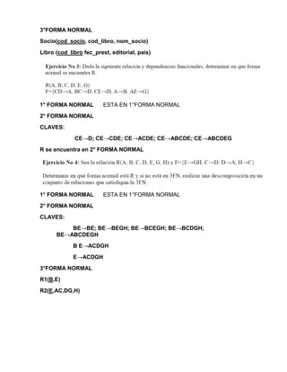 3°FORMA NORMAL
Socio(cod_socio, cod_libro, nom_socio)
Libro (cod_libro fec_prest, editorial, pais)
1° FORMA NORMAL ESTA EN 1°FORMA NORMAL
2° FORMA NORMAL
CLAVES:
CE→D; CE→CDE; CE→ACDE; CE→ABCDE; CE→ABCDEG
R se encuentra en 2° FORMA NORMAL
1° FORMA NORMAL ESTA EN 1°FORMA NORMAL
2° FORMA NORMAL
CLAVES:
BE→BE; BE→BEGH; BE→BCEGH; BE→BCDGH;
BE→ABCDEGH
B E→ACDGH
E→ACDGH
3°FORMA NORMAL
R1(B,E)
R2(E,AC,DG,H)