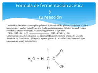 Formula de fermentación acética
y
su reacción
La fermentación acética ocurre principalmente por bacterias del género Acetobacter, la cuales
transforman el alcohol en ácido acético. La fermentación acética del vino forma el vinagre
cuando hay exceso de oxígeno. Su ecuación general es la siguiente:
CH3 – CH2 – OH + O2 ---------------------------- CH3 – COOH + H20
La fermentación acética se realiza vía acetaldehído, como producto intermedio y con la
formación de Peróxido de Hidrógeno ( agua oxigenada ). La catalasa descompone el agua
oxigenada en agua y oxígeno libre.
 