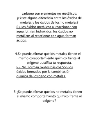 carbono son elementos no metálicos:
 ¿Existe alguna diferencia entre los óxidos de
    metales y los óxidos de los no metales?
 R=Los óxidos metálicos al reaccionar con
 agua forman hidróxidos, los óxidos no
 metálicos al reaccionar con agua forman
 ácidos.



4. Se puede afirmar que los metales tienen el
   mismo comportamiento químico frente al
        oxigeno. Justifica tu respuesta.
 R= No. Forman óxidos básicos.Son los
 óxidos formados por la combinación
 química del oxigeno con metales.



5. ¿Se puede afirmar que los no metales tienen
   el mismo comportamiento químico frente al
                    oxigeno?
 