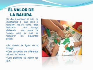 EL VALOR DE
   LA BASURA
 Se dio a conocer al niño la
importancia a que tiene el
reciclaje fue así como ellos
realizaron       una    tortuga
elaborada     con panal de
huevos para lo cual se
realizaron   los     siguientes
pasos:

• Se recorta la figura de la
tortuga.
• Con temperas de diferentes
colores se decora.
• Con plastilina se hacen los
ojos.
 