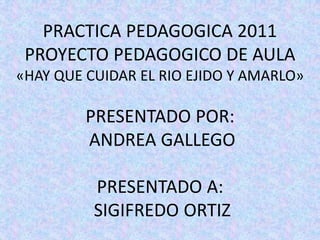 PRACTICA PEDAGOGICA 2011
 PROYECTO PEDAGOGICO DE AULA
«HAY QUE CUIDAR EL RIO EJIDO Y AMARLO»

         PRESENTADO POR:
         ANDREA GALLEGO

          PRESENTADO A:
          SIGIFREDO ORTIZ
 