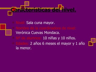 Nivel:  Sala cuna mayor. Nombre de la coordinadora de nivel:  Verónica Cuevas Mondaca. Nº de alumnos:  10 niñas y 10 niños. Edades:  2 años 6 meses el mayor y 1 año la menor. Características del nivel. 