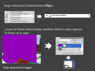 luego seleccione la herramienta Elipse




 y trace la forma seleccionada, también observe como aparece
 la forma en la capa :




Deje abierta la imagen
 