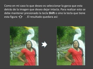 Como en mi caso lo que deseo es seleccionar la garza que esta
detrás de la imagen que deseo dejar intacta. Para realizar esto se
debe mantener presionado la tecla Shift o sino la tecla que tiene
esta figura      . El resultado quedara así:
 