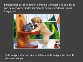Empiece por dar clic sobre el borde de la imagen a la que desea
con pequeños y grandes segmentos hasta seleccionar toda la
imagen así:




En la imagen anterior solo se selecciono la imagen del mueble,
el conejo y el perro.
 