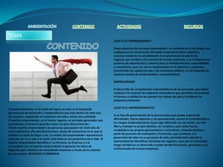 TEMA
                                                                                 ¿QUÉ ES EL EMPRESARISMO?

                                                                                 Etapa posterior del proceso emprendedor, se convierte en la estrategia que
                                                                                 coadyuva en la construcción del tejido empresarial local, regional y
                                                                                 nacional mediante la consolidación en la práctica de los planes de
                                                                                 negocio, que conlleva a la creación de nuevas empresas, y su incidencia con
                                                                                 acciones de capacitación y asesoría para su fortalecimiento, sostenibilidad
                                                                                 y crecimiento, que a su vez se implementan en la atención a empresas
                                                                                 constituidas de capital privado o de economía solidaria, en la búsqueda de
                                                                                 mayores niveles de productividad y competitividad.

                                                                                 EMPRESARISMO

                                                                                 El desarrollo de competencias emprendedoras de las personas, que deben
                                                                                 conducir a la creación de empresas innovadoras que permitan incrementar
                                                                                 el número y calidad de los puestos de trabajo del país y fortalecer las
                                                                                 empresas existentes.

El emprendimiento, es el sueño de lograr un reto, es la búsqueda                 ¿QUÉ ES EL EMPRENDIMIENTO?
permanente de desarrollo e independencia que está dentro de cada uno
de nosotros, emprender es comenzar una obra, iniciar una actividad.              Es la fase de potenciación de la persona para que pueda superar las
El espíritu emprendedor, es la fuerza, ingenio, un principio generador que       dificultades, fijarse objetivos y ser perseverante, asumir la incertidumbre y
nos impulsa a comenzar grandes cosas con gran determinación.                     los riesgos moderadamente, hacer algo diferente, ser de acción, ser más
Tienen espíritu emprendedor, las personas que poseen Un nivel alto de            libre y manejar su propio destino, ser creativo y usar como fuerza
autorrealización, alta plenitud humana, deseo de convertirse en lo que el        modeladora los propios pensamientos y emociones, empoderándose a
hombre es capaz de llegar a ser. La misión del emprendedor representa la         partir de procesos de motivación y formación, que conllevan a la
razón de ser en la vida y la visión está dada en los propósitos de la vida. El   generación de valor en su proyecto de vida, permitiéndole además la
Espíritu Emprendedor beneficia a: La Persona, La Empresa y a la                  oportunidad de identificar iniciativas de negocios, para que el interesado
Comunidad. Con el espíritu emprendedor se generan las Ideas de                   tenga claridad en su desarrollo cuando decida formularlo, pensando en la
Negocios para satisface las necesidades humanas a través de la creación          conformación de nuevas empresas.
de sus propios NEGOCIOS O EMPRESAS
 