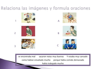 Relaciona las imágenes y formula oraciones1A2BC3se encontraba mal      sacaron notas muy buenas     Y estaba muy cansadocomo habían estudiado mucho     porque había comido demasiado      había trabajado mucho