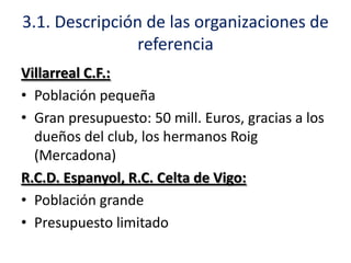 3.1. Descripción de las organizaciones de
referencia
Villarreal C.F.:
• Población pequeña
• Gran presupuesto: 50 mill. Euros, gracias a los
dueños del club, los hermanos Roig
(Mercadona)
R.C.D. Espanyol, R.C. Celta de Vigo:
• Población grande
• Presupuesto limitado

 