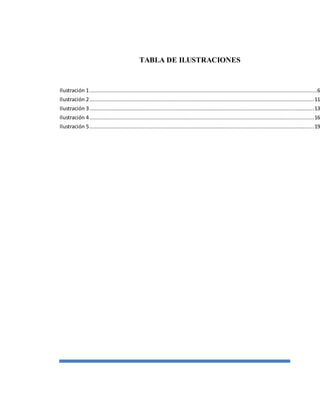 TABLA DE ILUSTRACIONES 
Ilustración 1 .................................................................................................................................................6 
Ilustración 2 ............................................................................................................................................... 11 
Ilustración 3 ............................................................................................................................................... 13 
Ilustración 4 ............................................................................................................................................... 16 
Ilustración 5 ............................................................................................................................................... 19 
 