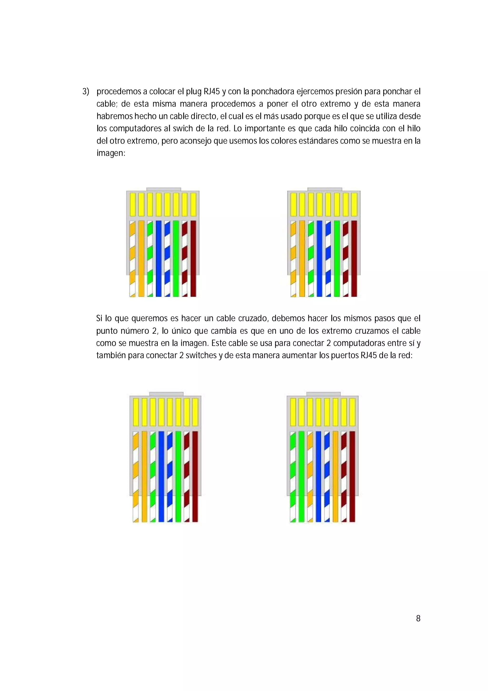 8
3) procedemos a colocar el plug RJ45 y con la ponchadora ejercemos presión para ponchar el
cable; de esta misma manera procedemos a poner el otro extremo y de esta manera
habremos hecho un cable directo, el cual es el más usado porque es el que se utiliza desde
los computadores al swich de la red. Lo importante es que cada hilo coincida con el hilo
del otro extremo, pero aconsejo que usemos los colores estándares como se muestra en la
imagen:
Si lo que queremos es hacer un cable cruzado, debemos hacer los mismos pasos que el
punto número 2, lo único que cambia es que en uno de los extremo cruzamos el cable
como se muestra en la imagen. Este cable se usa para conectar 2 computadoras entre sí y
también para conectar 2 switches y de esta manera aumentar los puertos RJ45 de la red:
 