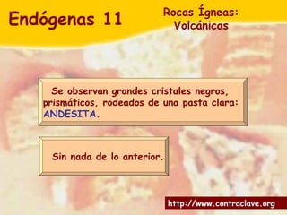 Sin nada de lo anterior. Se observan grandes cristales negros,  prismáticos, rodeados de una pasta clara:  ANDESITA. Endógenas 11   Rocas Ígneas: Volcánicas 
