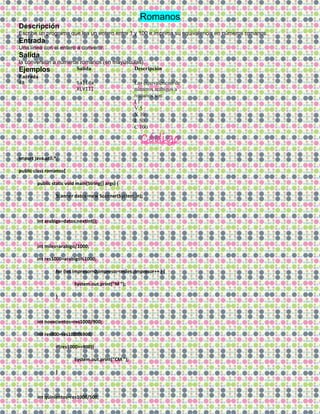 Romanos
Descripción
Escribe un programa que lea un entero entre 1 y 100 e imprima su equivalencia en números romanos.
Entrada
Una línea con el entero a convertir.
Salida
la conversión a números romanos (en mayúsculas).
Ejemplos
Entrada
Salida Descripción
48 Salida
XLVIII
Las equivalencias de
números arábigos a
romanos son:
I 1
V 5
X 10
L 50
C 100
Código
import java.util.*;
public class romanos{
public static void main(String[] args) {
Scanner datos=new Scanner(System.in);
int arabigo=datos.nextInt();
int miles=arabigo/1000;
int res1000=arabigo%1000;
for (int impresor=0;impresor<miles ;impresor++ ) {
System.out.print("M ");
}
int novecientos=res1000/900;
int res900=res1000%900;
if(res1000>=900){
System.out.print("CM ");
}
int quinientos=res1000/500;
 