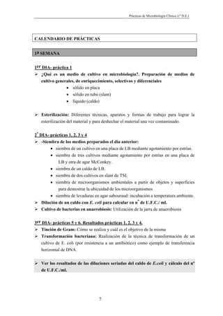 Prácticas de Microbiología Clínica (1º D.E.)
7
CALENDARIO DE PRÁCTICAS
1a SEMANA
1er DIA- práctica 1
¿Qué es un medio de cultivo en microbiología?. Preparación de medios de
cultivo generales, de enriquecimiento, selectivos y diferenciales
• sólido en placa
• sólido en tubo (slant)
• líquido (caldo)
Esterilización: Diferentes técnicas, aparatos y formas de trabajo para lograr la
esterilización del material y para deshechar el material una vez contaminado.
2º DIA- prácticas 1, 2, 3 y 4
-Siembra de los medios preparados el día anterior:
• siembra de un cultivo en una placa de LB mediante agotamiento por estrías.
• siembra de tres cultivos mediante agotamiento por estrías en una placa de
LB y otra de agar McConkey.
• siembra de un caldo de LB.
• siembra de dos cultivos en slant de TSI.
• siembra de microorganismos ambientales a partir de objetos y superficies
para demostrar la ubicuidad de los microorganismos
• siembra de levaduras en agar sabouraud: incubación a temperatura ambiente.
Dilución de un caldo con E. coli para calcular en nº de U.F.C./ ml.
Cultivo de bacterias en anaerobiosis: Utilización de la jarra de anaerobiosis
3er DIA- prácticas 5 y 6. Resultados prácticas 1, 2, 3 y 4.
Tinción de Gram: Cómo se realiza y cuál es el objetivo de la misma
Transformación bacteriana: Realización de la técnica de transformación de un
cultivo de E. coli (por resistencia a un antibiótico) como ejemplo de transferencia
horizontal de DNA.
Ver los resultados de las diluciones seriadas del caldo de E.coli y cálculo del nº
de U.F.C./ml.
 
