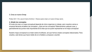 3. Crea un nuevo Cmap
Pulsa Ctrl + N o usa el menú Archivo > Nuevo para crear un nuevo Cmap vacío.
4. Añade los conceptos
El modo de crear un mapa conceptual depende de cómo organices tu trabajo, pero nosotros vamos a
empezar llenando el tablero de conceptos. ¿Qué son los conceptos? Básicamente cualquier cosa, y
generalmente los puntos más importantes de la idea que se quiere representar en el mapa conceptual.
Nuestro mapa conceptual va a tratar sobre el software, así que hemos creado conceptos relacionados. Para
crearlos, solo tienes que hacer doble clic en el tablero y empezar a escribir.
 