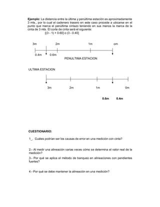 Ejemplo: La distancia entre la última y penúltima estación es aproximadamente
3 mts., por lo cual el cadenero trasero en este caso procede a ubicarse en el
punto que marca el penúltima cintazo teniendo en sus manos la marca de la
cinta de 3 mts. El corte de cinta será el siguiente:
              [(3 - 1) + 0.60] o (3 - 0.40]


   3m               2m                      1m                  om


     0.4m       0.6m
                           PENULTIMA ESTACION


ULTIMA ESTACION




              3m              2m                  1m                     0m


                                                       0.6m       0.4m




CUESTIONARIO:

1_. Cuáles podrían ser los causas de error en una medición con cinta?


2.- Al medir una alineación varias veces cómo se determina el valor real de la
medición?
3.- Por qué se aplica el método de banqueo en alineaciones con pendientes
fuertes?


4.- Por qué se debe mantener la alineación en una medición?
 