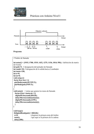 Prácticas con Arduino Nivel I
58
Programa
//Timbre de llamada
int notas[] = {1915, 1700, 1519, 1432, 1275, 1136, 1014, 956}; //definición de matriz
de 8 notas
int puls=5; // designación del pulsador de llamada
int zumb=10; // designación de la salida hacia el zumbador
int tnota=150;
int n=0;
int m=0;
void setup (){
for(n=0;n<4;n++){
pinMode(zumb,OUTPUT);
pinMode(puls,INPUT);
}
}
void nota(){ // rutina que genera los tonos de llamada
for(m=0;m<=tnota;m++){
digitalWrite(zumb,HIGH);
delayMicroseconds(notas[n]);
digitalWrite(zumb,LOW);
delayMicroseconds(notas[n]);
}
}
void loop(){
if(digitalRead(puls)==HIGH){
n=0; //elegimos la primera nota del timbre
nota(); //que aquí es la primera de la cadena
delay(200);
 