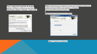 Paso 4: Selecciona el periodo de prueba
gratuito (30 dias) o si tienes ya una clave
selecciona la opción "Licensed - I have a key"
Paso 5: Selecciona una carpeta en la que será instalada la aplicación,
o deja la ruta por defecto, por ejemplo: C:Program
FilesTechsmithCamtasia Studio 6
Paso 6: Espera mientras dura la instalación
Paso 7: Finalizar la instalación
 