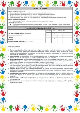8
OBSERVACIONES
Aspectos más positivos del portal:
• Es una página formal donde ofrecen información con veracidad sobre diferentes ámbitos
• Cuenta con una gran cantidad de material que puede ser de uso docente como del alumnado
• Puedes recibir formación y realizar actividades en muchas de las secciones que tienen
• Aparte de informarte sobre quienes son, a que se dedican, etc., también te indican como puedes contactar con ellos
Aspectos más negativos del portal:
• Al ser una página bastante profesional, no cuenta con foros para comentar u opinar
Otras observaciones
• Te ofrecen múltiples redes sociales como Facebook, Twitter, YouTube , Linked para que no te pierdas ninguno de sus
contenidos
VALORACIÓN GLOBAL DEL PORTAL
Los servicios que ofrece (es completo)
....................................
Calidad
técnica…………………………...................................
Funcionalidad, utilidad para sus usuarios...................................
EXCELENTE ALTA CORRECTA BAJA
. X
. .
X
X
Entre otros criterios:
1. Contenido educativo: Esta página ofrece múltiple información no solo de educación, sino también de
otros ámbitos cómo puede ser la formación profesional, ciencia, tecnología, entre otras cosas, siendo
constantemente actualizada, centrándose para un uso general para aquellos que se encuentren dentro
del mundo de la educación y curiosos
2. Accesibilidad: correcta, cuenta con una estructura clara, con 10 apartados que son claramente visibles
para el usuario, de esta manera, se puede encontrar todo lo que se necesite
3. Diseño y usabilidad: la presentación es sencilla, pero eficaz solo emplea el color blanco, azul y negro,
de tal manera que no se hace muy recargado además de que no cuenta con anuncios que molesten es
así como se convierte en un sitio de información, navegación y formación
4. Interactividad: de gran incentivo que hace que el usuario disfrute en la búsqueda, sin embargo, no cuenta
con juegos ni foros de discusión al tratarse de una página formal, pero sí que cuenta con muchos recursos
y cursos de formación que le pueden ser de gran ayuda
5. Calidad técnica: cuenta con múltiples herramientas de calidad, incluyendo apartados, donde puedes
contactar con ellos y otro donde puedes evaluarlos de tal manera que hace que el usuario tenga una
experiencia adecuada
6. Actualización permanente: esta página es constantemente actualizada, tanto en noticias, informes,
cursos que ofrecen de tal manera y que hace que el usuario esté pendiente de las novedades que
publican.
7. Adaptabilidad a diferentes dispositivos: el blog puede ser utilizado en diferentes dispositivos sin
problema alguno.
8. Valor añadido: proporciona noticas e información sobre la educación, cultura ecológica, jurídico- política,
y calidad educativa
 