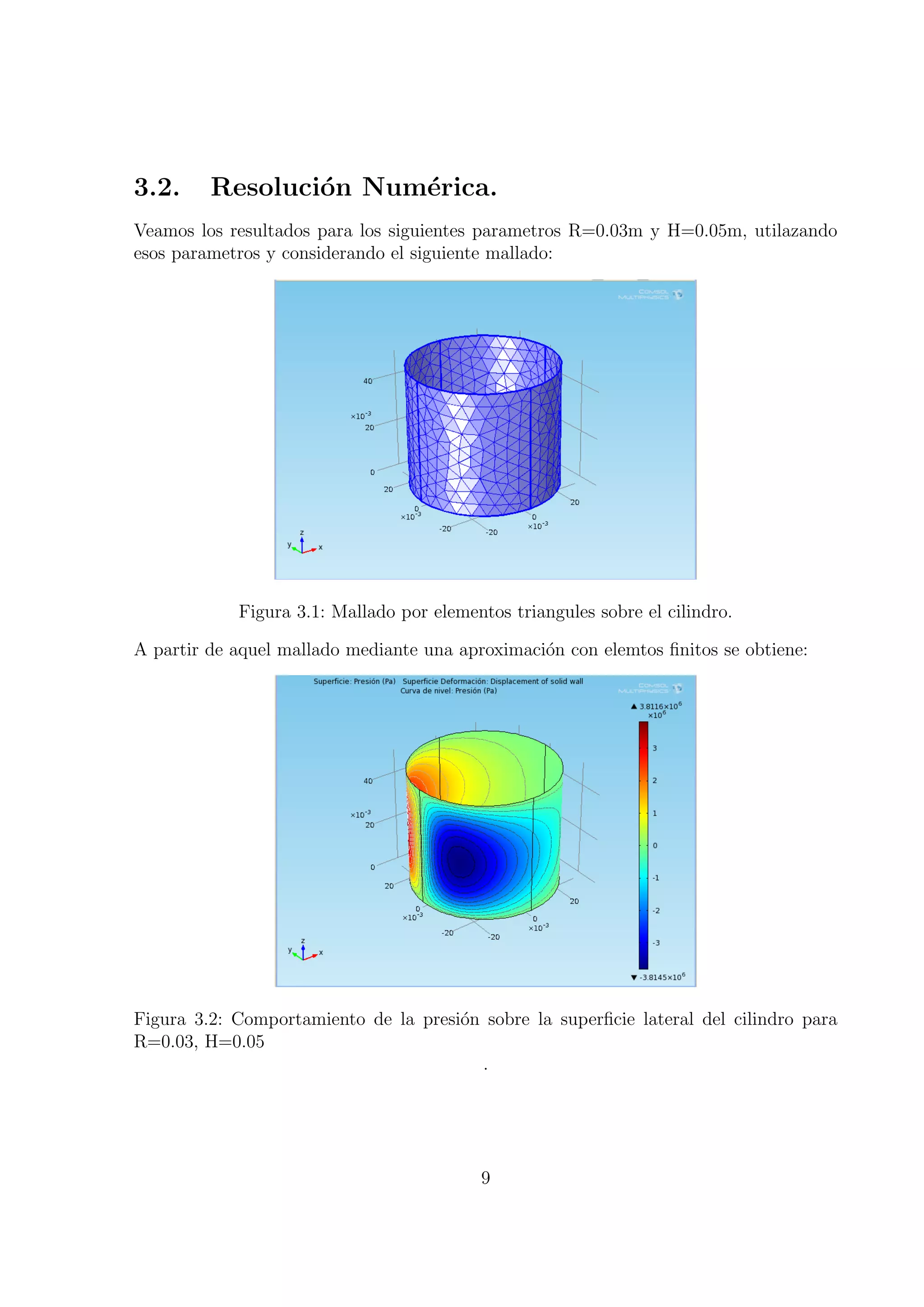 3.2.     Resoluci´n Num´rica.
                 o     e
Veamos los resultados para los siguientes parametros R=0.03m y H=0.05m, utilazando
esos parametros y considerando el siguiente mallado:




            Figura 3.1: Mallado por elementos triangules sobre el cilindro.

A partir de aquel mallado mediante una aproximaci´n con elemtos ﬁnitos se obtiene:
                                                 o




Figura 3.2: Comportamiento de la presi´n sobre la superﬁcie lateral del cilindro para
                                      o
R=0.03, H=0.05
                                        .




                                          9
 
