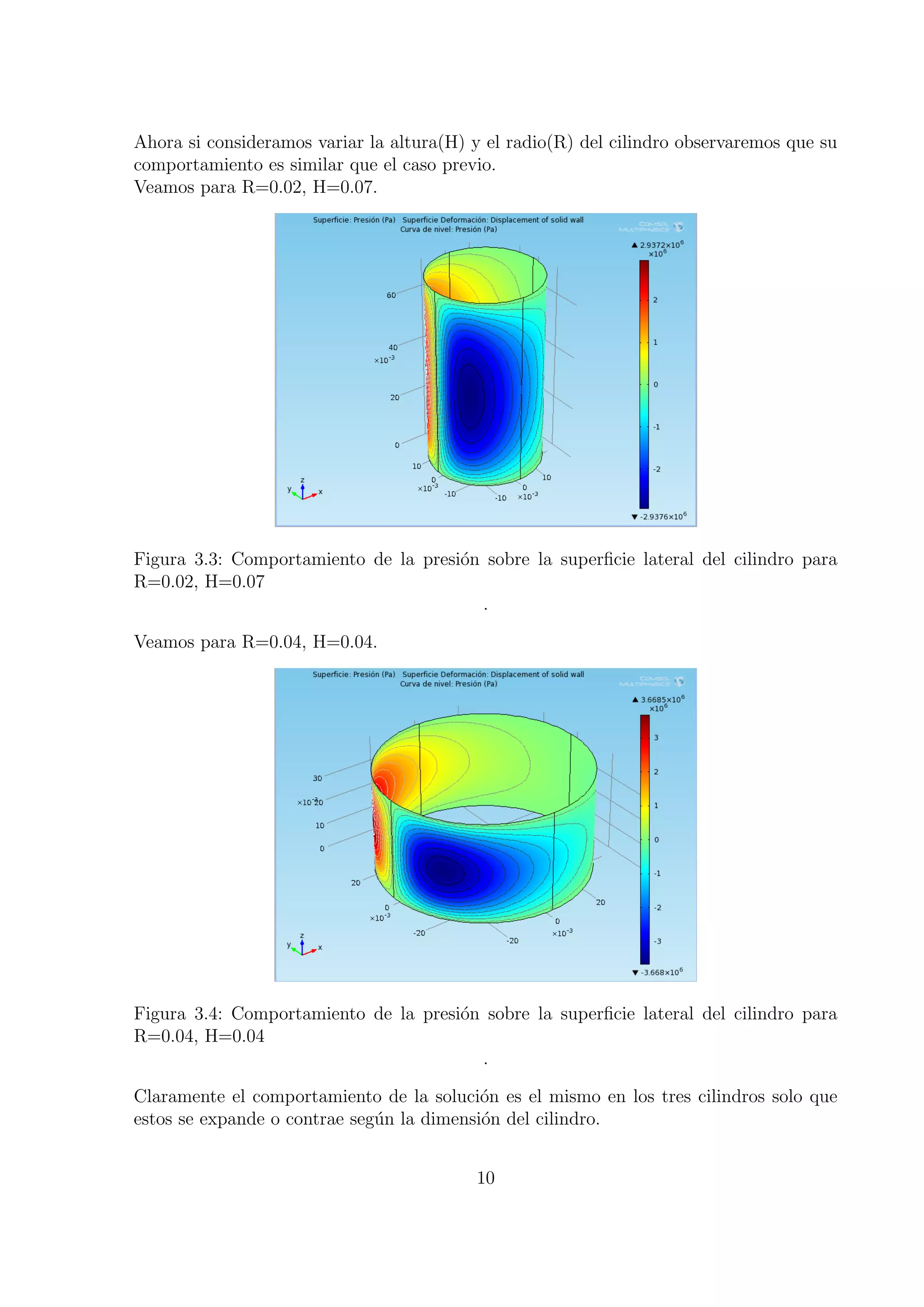 Ahora si consideramos variar la altura(H) y el radio(R) del cilindro observaremos que su
comportamiento es similar que el caso previo.
Veamos para R=0.02, H=0.07.




Figura 3.3: Comportamiento de la presi´n sobre la superﬁcie lateral del cilindro para
                                      o
R=0.02, H=0.07
                                        .

Veamos para R=0.04, H=0.04.




Figura 3.4: Comportamiento de la presi´n sobre la superﬁcie lateral del cilindro para
                                      o
R=0.04, H=0.04
                                        .

Claramente el comportamiento de la soluci´n es el mismo en los tres cilindros solo que
                                           o
estos se expande o contrae seg´n la dimensi´n del cilindro.
                              u            o


                                          10
 