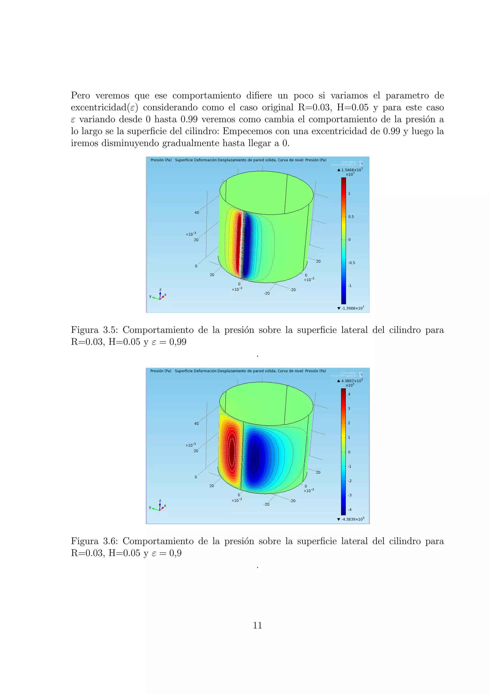Pero veremos que ese comportamiento diﬁere un poco si variamos el parametro de
excentricidad(ε) considerando como el caso original R=0.03, H=0.05 y para este caso
ε variando desde 0 hasta 0.99 veremos como cambia el comportamiento de la presi´n a o
lo largo se la superﬁcie del cilindro: Empecemos con una excentricidad de 0.99 y luego la
iremos disminuyendo gradualmente hasta llegar a 0.




Figura 3.5: Comportamiento de la presi´n sobre la superﬁcie lateral del cilindro para
                                      o
R=0.03, H=0.05 y ε = 0,99
                                        .




Figura 3.6: Comportamiento de la presi´n sobre la superﬁcie lateral del cilindro para
                                      o
R=0.03, H=0.05 y ε = 0,9
                                        .




                                           11
 
