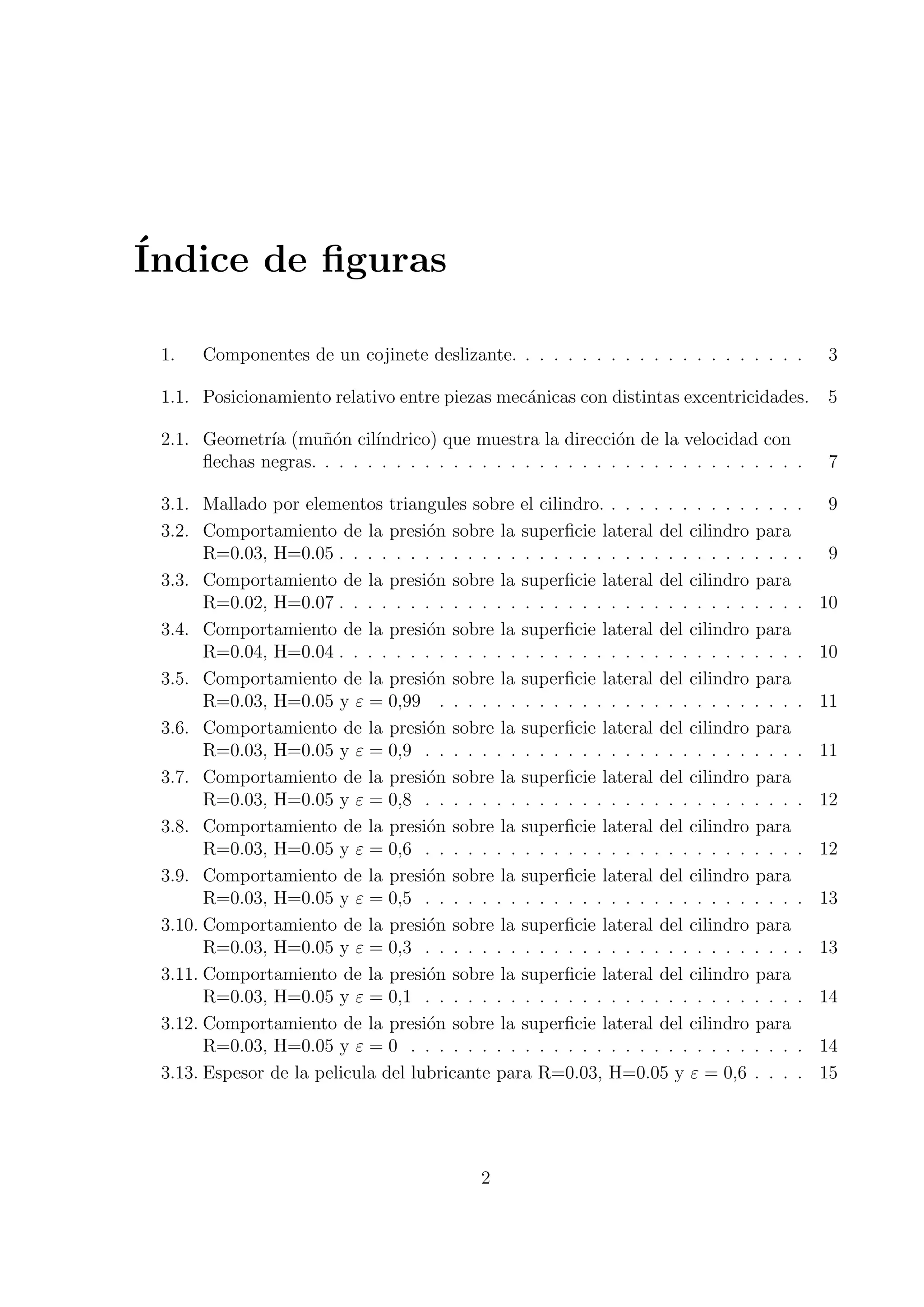 ´
Indice de ﬁguras

 1.   Componentes de un cojinete deslizante. . . . . . . . . . . . . . . . . . . . .        3

 1.1. Posicionamiento relativo entre piezas mec´nicas con distintas excentricidades.
                                               a                                            5

 2.1. Geometr´ (mu˜on cil´
              ıa     n´     ındrico) que muestra la direcci´n de la velocidad con
                                                              o
      ﬂechas negras. . . . . . . . . . . . . . . . . . . . . . . . . . . . . . . . . . .    7

 3.1. Mallado por elementos triangules sobre el cilindro. . . . . . . . . . . . . .     .   9
 3.2. Comportamiento de la presi´n sobre la superﬁcie lateral del cilindro para
                                    o
       R=0.03, H=0.05 . . . . . . . . . . . . . . . . . . . . . . . . . . . . . . . .   .   9
 3.3. Comportamiento de la presi´n sobre la superﬁcie lateral del cilindro para
                                    o
       R=0.02, H=0.07 . . . . . . . . . . . . . . . . . . . . . . . . . . . . . . . .   . 10
 3.4. Comportamiento de la presi´n sobre la superﬁcie lateral del cilindro para
                                    o
       R=0.04, H=0.04 . . . . . . . . . . . . . . . . . . . . . . . . . . . . . . . .   . 10
 3.5. Comportamiento de la presi´n sobre la superﬁcie lateral del cilindro para
                                    o
       R=0.03, H=0.05 y ε = 0,99 . . . . . . . . . . . . . . . . . . . . . . . . .      . 11
 3.6. Comportamiento de la presi´n sobre la superﬁcie lateral del cilindro para
                                    o
       R=0.03, H=0.05 y ε = 0,9 . . . . . . . . . . . . . . . . . . . . . . . . . .     . 11
 3.7. Comportamiento de la presi´n sobre la superﬁcie lateral del cilindro para
                                    o
       R=0.03, H=0.05 y ε = 0,8 . . . . . . . . . . . . . . . . . . . . . . . . . .     . 12
 3.8. Comportamiento de la presi´n sobre la superﬁcie lateral del cilindro para
                                    o
       R=0.03, H=0.05 y ε = 0,6 . . . . . . . . . . . . . . . . . . . . . . . . . .     . 12
 3.9. Comportamiento de la presi´n sobre la superﬁcie lateral del cilindro para
                                    o
       R=0.03, H=0.05 y ε = 0,5 . . . . . . . . . . . . . . . . . . . . . . . . . .     . 13
 3.10. Comportamiento de la presi´n sobre la superﬁcie lateral del cilindro para
                                    o
       R=0.03, H=0.05 y ε = 0,3 . . . . . . . . . . . . . . . . . . . . . . . . . .     . 13
 3.11. Comportamiento de la presi´n sobre la superﬁcie lateral del cilindro para
                                    o
       R=0.03, H=0.05 y ε = 0,1 . . . . . . . . . . . . . . . . . . . . . . . . . .     . 14
 3.12. Comportamiento de la presi´n sobre la superﬁcie lateral del cilindro para
                                    o
       R=0.03, H=0.05 y ε = 0 . . . . . . . . . . . . . . . . . . . . . . . . . . .     . 14
 3.13. Espesor de la pelicula del lubricante para R=0.03, H=0.05 y ε = 0,6 . . .        . 15




                                            2
 