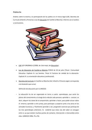 Práctica 3a:

Análisis sobre la tutoría y la participación de los padres en el marco legal (LOE, Decretos de
Currículo (Infantil y Primaria) y Ley de Educación de Castilla la Mancha). Informe con el análisis
y conclusiones.




    •   LOE (LEY ORGÁNICA 2/2006, de 3 de mayo, de Educación).

    •   Ley de Educación de Castilla-La Mancha 7/2010 de 20 de julio. (Título I Comunidad
        Educativa. Capítulo III. Las familias. Título VI Factores de calidad de la educación.
        Capítulo IV. La orientación educativa y profesional).

    •   Decretos de Currículo en Castilla-La Mancha (Ver Infantil o Primaria según corresponda
        a la titulación que cursa).

        Definición de educación por la UNESCO:


    -   La educación ha de ser organizada en torno a cuatro aprendizajes, que serán los
        pilares del conocimiento a lo largo de la vida de cada persona: aprender a conocer, es
        decir, adquirir las claves de la comprensión; aprender a hacer, para poder actuar sobre
        el entorno; aprender a vivir juntos, para participar y cooperar junto a los otros en las
        activades humanas; y finalmente aprender a ser, progresión esencial que participa de
        los tres aprendizajes anteriores. Es evidente que estas vías del saber se conjugan
        entre sí, ya que existen muchos puntos de contacto, intersección e intercambio entre
        ellas. (UNESCO 1996, 75 y 76).
 