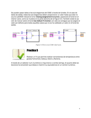 4
Se pueden pasar datos a los sub diagramas del CASE a través de túneles. En el caso de
datos de salida, todos los sub diagramas deben proporcionar un valor hasta que esto no
ocurra LabVIEW indicará el error missing assignament to tunnel y aparecerá el túnel en el
interior vacío, como se muestra en la parte derecha de la Figura 5.4. También existe la op-
ción de marcar sobre el túnel Use Default If Unwired, con esto se consigue que se asigne el
valor por defecto para todos aquellos casos que no se ha cableado un valor en el túnel de
salida.
Figura 5.4 Error en un CASE: túnel vacío.
Practica 5
Realizar un Vi que permita realizar conversiones de temperatura entre
grados Fahrenheit, Celsius, Kelvin y Rankine.
A través de un selector num (numérico) o ring (menú) o combo (string), el usuario debe se-
leccionar la conversión que desea e imprimir su equivalencia en un control numérico.
 