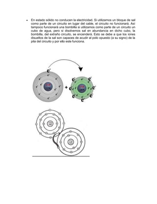 En estado sólido no conducen la electricidad. Si utilizamos un bloque de sal
como parte de un circuito en lugar del cable, el circuito no funcionará. Así
tampoco funcionará una bombilla si utilizamos como parte de un circuito un
cubo de agua, pero si disolvemos sal en abundancia en dicho cubo, la
bombilla, del extraño circuito, se encenderá. Esto se debe a que los iones
disueltos de la sal son capaces de acudir al polo opuesto (a su signo) de la
pila del circuito y por ello este funciona.
 