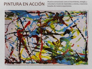 PINTURA EN ACCIÓN Muestra sensaciones como el movimiento, energía, y 
velocidad a través de materiales y colores, creaciones 
basadas de manera espontanea. 
 