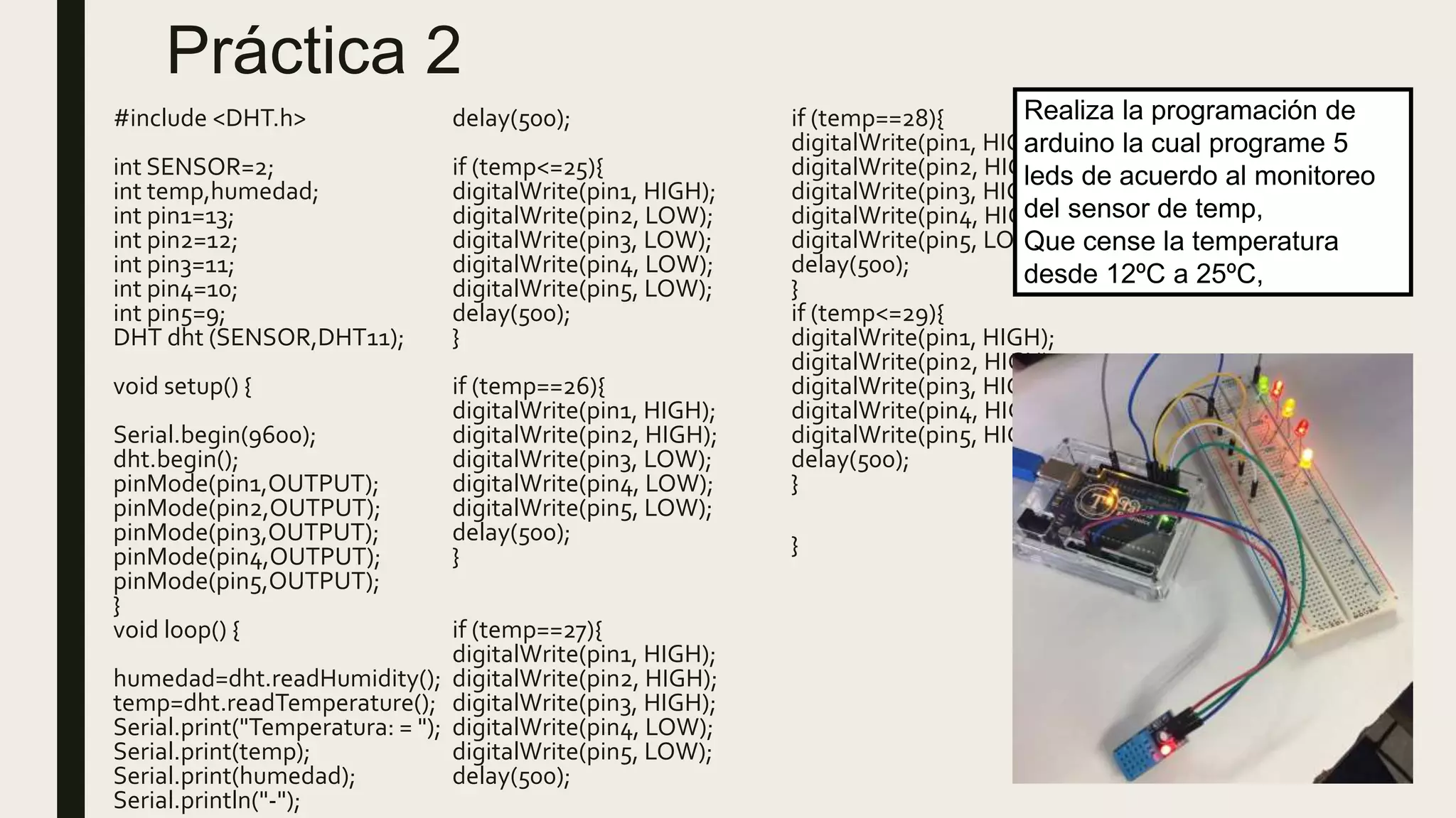 Práctica 2
#include <DHT.h>
int SENSOR=2;
int temp,humedad;
int pin1=13;
int pin2=12;
int pin3=11;
int pin4=10;
int pin5=9;
DHT dht (SENSOR,DHT11);
void setup() {
Serial.begin(9600);
dht.begin();
pinMode(pin1,OUTPUT);
pinMode(pin2,OUTPUT);
pinMode(pin3,OUTPUT);
pinMode(pin4,OUTPUT);
pinMode(pin5,OUTPUT);
}
void loop() {
humedad=dht.readHumidity();
temp=dht.readTemperature();
Serial.print("Temperatura: = ");
Serial.print(temp);
Serial.print(humedad);
Serial.println("-");
delay(500);
if (temp<=25){
digitalWrite(pin1, HIGH);
digitalWrite(pin2, LOW);
digitalWrite(pin3, LOW);
digitalWrite(pin4, LOW);
digitalWrite(pin5, LOW);
delay(500);
}
if (temp==26){
digitalWrite(pin1, HIGH);
digitalWrite(pin2, HIGH);
digitalWrite(pin3, LOW);
digitalWrite(pin4, LOW);
digitalWrite(pin5, LOW);
delay(500);
}
if (temp==27){
digitalWrite(pin1, HIGH);
digitalWrite(pin2, HIGH);
digitalWrite(pin3, HIGH);
digitalWrite(pin4, LOW);
digitalWrite(pin5, LOW);
delay(500);
if (temp==28){
digitalWrite(pin1, HIGH);
digitalWrite(pin2, HIGH);
digitalWrite(pin3, HIGH);
digitalWrite(pin4, HIGH);
digitalWrite(pin5, LOW);
delay(500);
}
if (temp<=29){
digitalWrite(pin1, HIGH);
digitalWrite(pin2, HIGH);
digitalWrite(pin3, HIGH);
digitalWrite(pin4, HIGH);
digitalWrite(pin5, HIGH);
delay(500);
}
}
Realiza la programación de
arduino la cual programe 5
leds de acuerdo al monitoreo
del sensor de temp,
Que cense la temperatura
desde 12ºC a 25ºC,
 