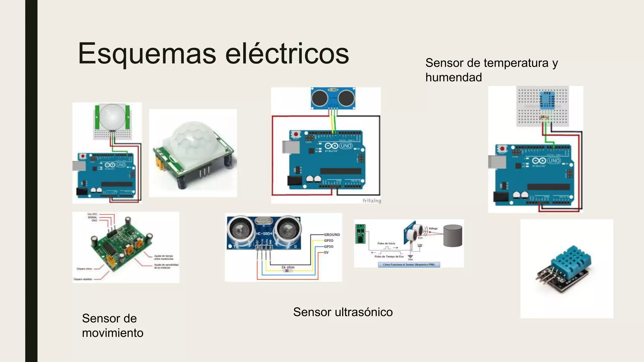 Esquemas eléctricos
Sensor de
movimiento
Sensor ultrasónico
Sensor de temperatura y
humendad
 