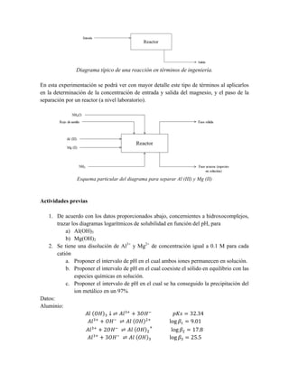 Diagrama típico de una reacción en términos de ingeniería. 
En esta experimentación se podrá ver con mayor detalle este tipo de términos al aplicarlos 
en la determinación de la concentración de entrada y salida del magnesio, y el paso de la 
separación por un reactor (a nivel laboratorio). 
Esquema particular del diagrama para separar Al (III) y Mg (II) 
Actividades previas 
1. De acuerdo con los datos proporcionados abajo, concernientes a hidroxocomplejos, 
trazar los diagramas logarítmicos de solubilidad en función del pH, para 
a) Al(OH)3 
b) Mg(OH)2 
2. Se tiene una disolución de Al3+ y Mg2+ de concentración igual a 0.1 M para cada 
catión 
a. Proponer el intervalo de pH en el cual ambos iones permanecen en solución. 
b. Proponer el intervalo de pH en el cual coexiste el sólido en equilibrio con las 
especies químicas en solución. 
c. Proponer el intervalo de pH en el cual se ha conseguido la precipitación del 
ion metálico en un 97% 
Datos: 
Aluminio: 
퐴푙 푂퐻 ↓ ⇌ 퐴푙!! + 3푂퐻! ! 푝퐾푠 = 32.34 
퐴푙!! + 푂퐻! ⇌ 퐴푙 푂퐻 !! log 훽! = 9.01 
퐴푙!! + 2푂퐻! ⇌ 퐴푙 푂퐻 ! ! 
log 훽! = 17.8 
퐴푙!! + 3푂퐻! ⇌ 퐴푙 푂퐻 ! log 훽! = 25.5 
 