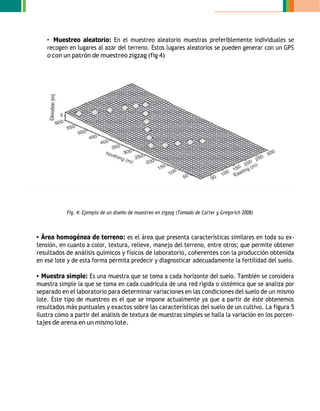 • Muestreo aleatorio: En el muestreo aleatorio muestras preferiblemente individuales se
recogen en lugares al azar del terreno. Estos lugares aleatorios se pueden generar con un GPS
o con un patrón de muestreo zigzag (fig 4)
Fig. 4: Ejemplo de un diseño de muestreo en zigzag (Tomado de Carter y Gregorich 2008)
• Área homogénea de terreno: es el área que presenta características similares en toda su ex-
tensión, en cuanto a color, textura, relieve, manejo del terreno, entre otros; que permite obtener
resultados de análisis químicos y físicos de laboratorio, coherentes con la producción obtenida
en ese lote y de esta forma permita predecir y diagnosticar adecuadamente la fertilidad del suelo.
• Muestra simple: Es una muestra que se toma a cada horizonte del suelo. También se considera
muestra simple la que se toma en cada cuadrícula de una red rígida o sistémica que se analiza por
separado en el laboratorio para determinar variaciones en las condiciones del suelo de un mismo
lote. Este tipo de muestreo es el que se impone actualmente ya que a partir de éste obtenemos
resultados más puntuales y exactos sobre las características del suelo de un cultivo. La figura 5
ilustra cómo a partir del análisis de textura de muestras simples se halla la variación en los porcen-
tajes de arena en un mismo lote.
 