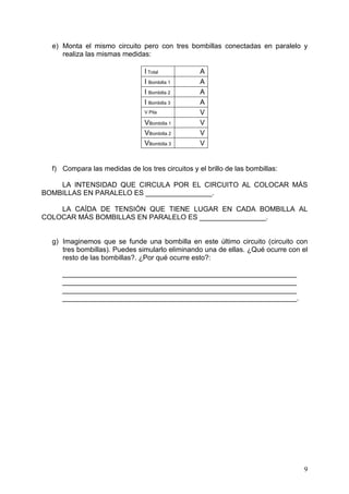 e) Monta el mismo circuito pero con tres bombillas conectadas en paralelo y
     realiza las mismas medidas:

                                I Total           A
                                I Bombilla 1      A
                                I Bombilla 2      A
                                I Bombilla 3      A
                                V Pila            V
                                VBombilla 1       V
                                VBombilla 2       V
                                VBombilla 3       V


  f) Compara las medidas de los tres circuitos y el brillo de las bombillas:

    LA INTENSIDAD QUE CIRCULA POR EL CIRCUITO AL COLOCAR MÁS
BOMBILLAS EN PARALELO ES _________________.

    LA CAÍDA DE TENSIÓN QUE TIENE LUGAR EN CADA BOMBILLA AL
COLOCAR MÁS BOMBILLAS EN PARALELO ES _________________.


  g) Imaginemos que se funde una bombilla en este último circuito (circuito con
     tres bombillas). Puedes simularlo eliminando una de ellas. ¿Qué ocurre con el
     resto de las bombillas?. ¿Por qué ocurre esto?:

     ____________________________________________________________
     ____________________________________________________________
     ____________________________________________________________
     ____________________________________________________________.




                                                                                9
 