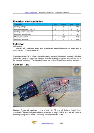 www.b2cqshop.com Ebay Store :Eqmarket2011 , sunnyqshop ,csmqshop
www.b2cqshop.com 158
Electrical characteristics
Parameter Min. Typical Max. Unit
Working voltage 4.5 5 5.5 VDC
Digital input voltage（VCC=5V） 0 - 5 V
Working current（VCC=5V） - 34 - mA
Maximum Switch current - 2 - A
Maximum Switch AC - 120 - VAC
Maximum Switch DC - 24 - VDC
Indicator
Status lamp
For NO and COM ports, when relay is connected, LED lamp will be ON; when relay is
disconnected, LED lamp will be off.
The Relay can turn on or off the control circuit with your specified signal , it usually controls a
high-power contactor closing and opening . it can be remoted control and automatic control of
the electrical protection . You can use it in your car system , Smart Home system and so on.
Connect it up
Connect S port of electronic brick of relay to D2 port of Arduino board, then
connect COM and NO ports of relay in series to loop of LED, and we will use the
following program to make LED lamp flash at intervals of 1s.
 