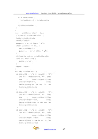 www.b2cqshop.com Ebay Store :Eqmarket2011 , sunnyqshop ,csmqshop
www.b2cqshop.com 37
while (numChar--) {
buffer[index++] = Serial.read();
}
splitString(buffer);
}
}
void splitString(char* data)
{ Serial.print("Data entered: ");
Serial.println(data);
char* parameter;
parameter = strtok (data, " ,");
while (parameter != NULL) {
setLED(parameter);
parameter = strtok (NULL, " ,");
}
// Clear the text and serial buffers for
(int x=0; x<16; x++) {
buffer[x]='0';
}
Serial.flush();
}
void setLED(char* data) {
if ((data[0] == 'r') || (data[0] == 'R')) {
int Ans = strtol(data+1, NULL, 10);
Ans = constrain(Ans,0,255);
analogWrite(RedPin, Ans);
Serial.print("Red is set to: ");
Serial.println(Ans);
}
if ((data[0] == 'g') || (data[0] == 'G')) {
int Ans = strtol(data+1, NULL, 10);
Ans = constrain(Ans,0,255);
analogWrite(GreenPin, Ans);
Serial.print("Green is set to: ");
Serial.println(Ans);
}
if ((data[0] == 'y') || (data[0] == 'Y')) {
int Ans = strtol(data+1, NULL, 10);
= constrain(Ans,0,255);
analogWrite(YellowPin, Ans);
Serial.print("Yellow is set to: ");
Serial.println(Ans);}
 
