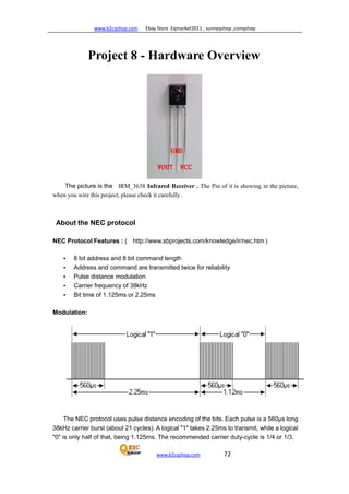 www.b2cqshop.com Ebay Store :Eqmarket2011 , sunnyqshop ,csmqshop
www.b2cqshop.com 72
Project 8 - Hardware Overview
The picture is the IRM_3638 Infrared Receiver . The Pin of it is showing in the picture,
when you wire this project, please check it carefully .
About the NEC protocol
NEC Protocol Features : ( http://www.sbprojects.com/knowledge/ir/nec.htm )
• 8 bit address and 8 bit command length
• Address and command are transmitted twice for reliability
• Pulse distance modulation
• Carrier frequency of 38kHz
• Bit time of 1.125ms or 2.25ms
Modulation:
The NEC protocol uses pulse distance encoding of the bits. Each pulse is a 560µs long
38kHz carrier burst (about 21 cycles). A logical "1" takes 2.25ms to transmit, while a logical
"0" is only half of that, being 1.125ms. The recommended carrier duty-cycle is 1/4 or 1/3.
 
