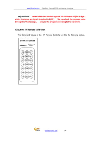 www.b2cqshop.com Ebay Store :Eqmarket2011 , sunnyqshop ,csmqshop
www.b2cqshop.com 74
Pay attention: When there is no infrared signals, the receiver’s output is High ;
while, it receives an signal, its output is LOW . We can check the received pulse
through the Oscilloscope, analyse the program according to the waveform.
About the IR Remote controller.
The Command Values of the IR Remote Control’s key like the following picture.
 