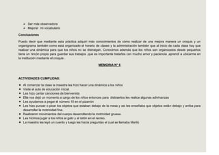  Ser más observadora
     Mejorar mi vocabulario

Conclusiones

Puedo decir que mediante esta práctica adquirí más conocimientos de cómo realizar de una mejora manera un croquis y un
organigrama también como está organizado el horario de clases y la administración también que al inicio de cada clase hay que
realizar una dinámica para que los niños no se distraigan. Conocimos además que los niños son organizados desde pequeños
tiene un rincón propio para guardar sus trabajos ,que es importante tratarlos con mucho amor y paciencia ,aprendí a ubicarme en
la institución mediante el croquis .

                                                       MEMORIA N° 6



ACTIVIDADES CUMPLIDAS:

 Al comenzar la clase la maestra les hizo hacer una dinámica a los niños
 Visite el aula de educación inicial.
 Les hizo cantar canciones de bienvenida
 Ella nos dejó un momento a cargo de los niños entonces para distraerlos les realice algunas adivinanzas
 Les ayudamos a pegar el número 10 en el pizarrón
 Les hizo punzar o picar los objetos que estaban debajo de la mesa y asi les enseñaba que objetos están debajo y arriba para
  desarrollar la motricidad fina.
 Realizaron movimientos del cuerpo desarrollando la motricidad gruesa.
 Les hicimos jugar a los niños al gato y al ratón en el recreo.
 La maestra les leyó un cuento y luego les hacía preguntas el cual se llamaba Marilú
 
